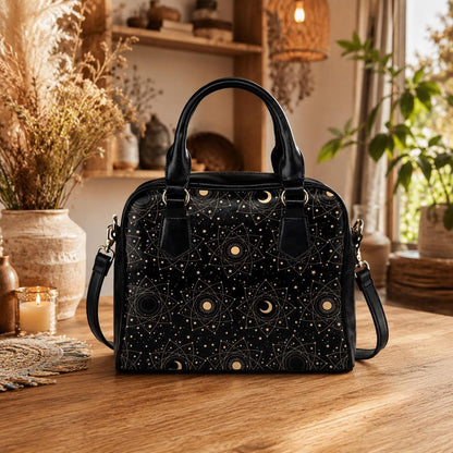 Astrology Satchel Handbag, Black Sun Moon Top Handle Purse with Crossbody Strap