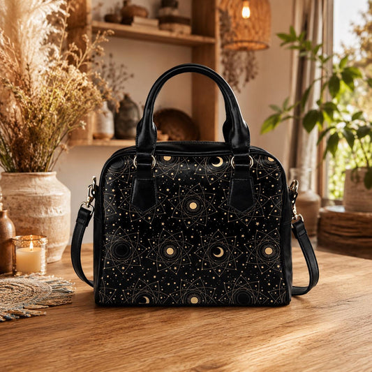 Astrology Satchel Handbag, Black Sun Moon Top Handle Purse with Crossbody Strap