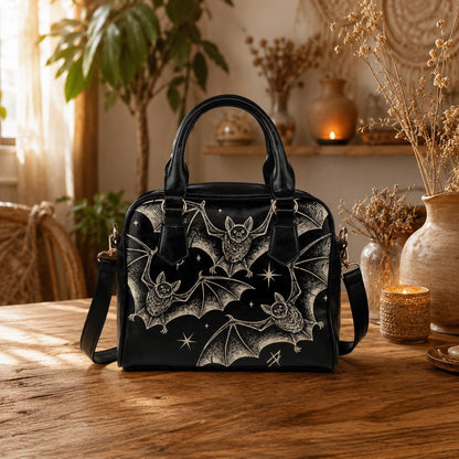 Celestial Bat Satchel, Witchy Moon Faux Leather Handbag, Nocturnal Crossbody Bag