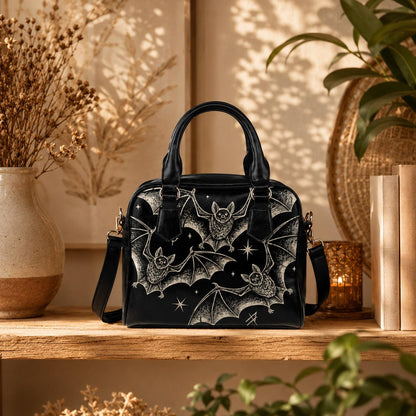 Celestial Bat Satchel, Witchy Moon Faux Leather Handbag, Nocturnal Crossbody Bag