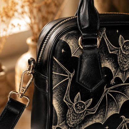 Celestial Bat Satchel, Witchy Moon Faux Leather Handbag, Nocturnal Crossbody Bag