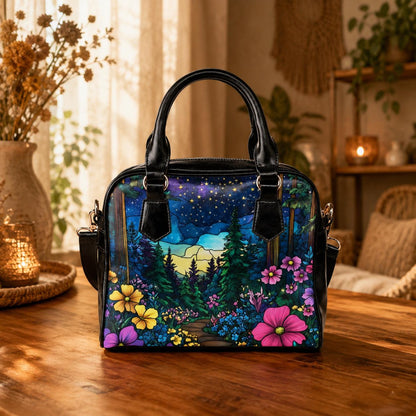 Mountain Wildflower Handbag, Scenic Night Sky Satchel, Forest Trail Shoulder Purse