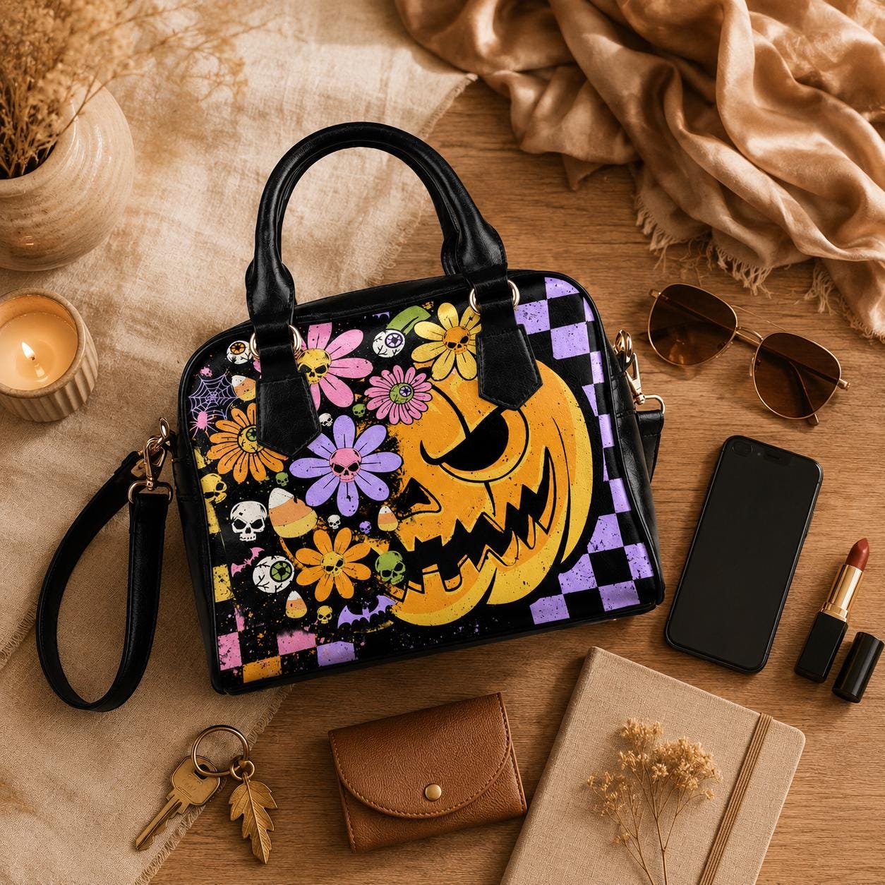 Pastel Floral Skull Pumpkin Purse, Spooky Halloween Crossbody Handbag