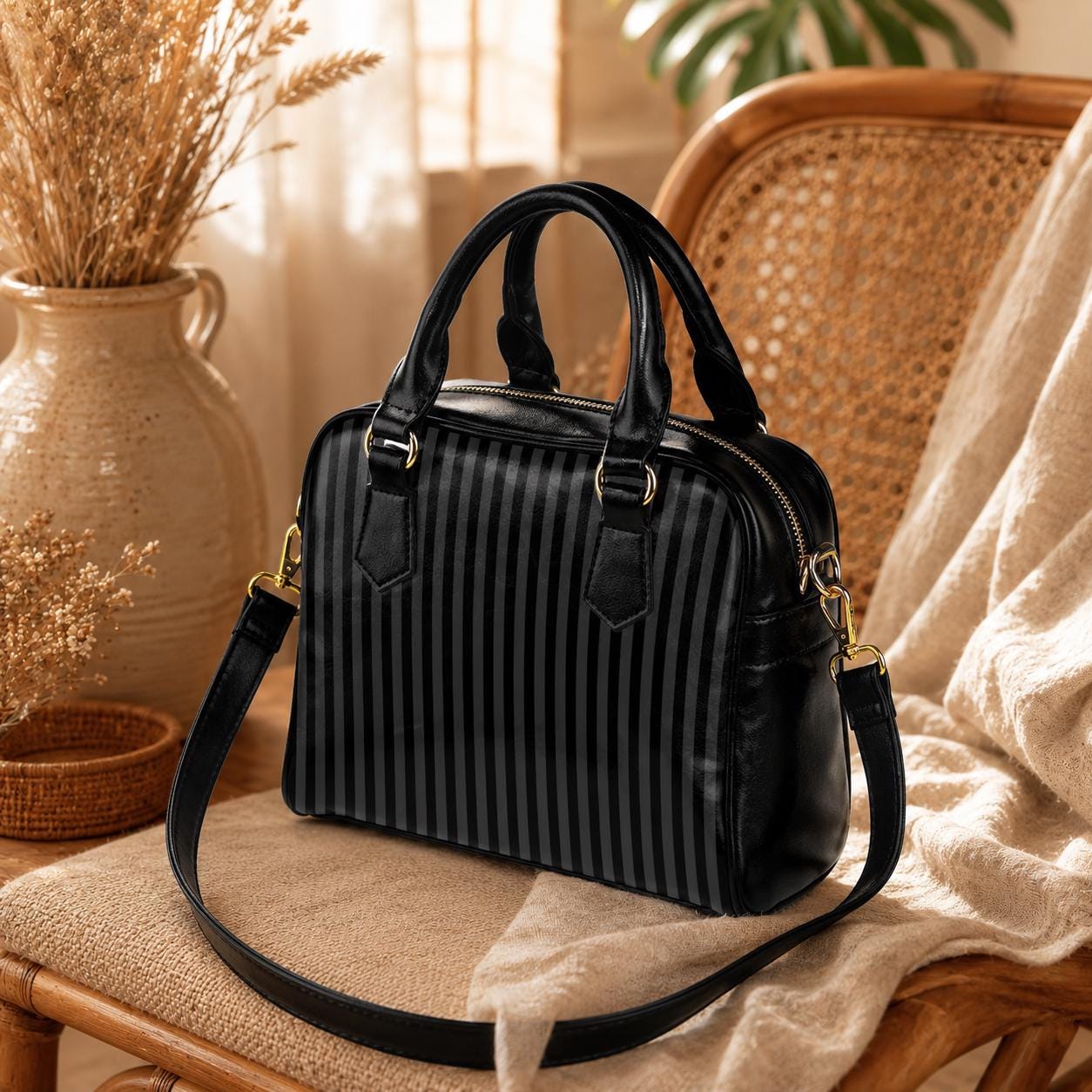 Striped Witchy Satchel Bag, Dark Academia Crossbody Tote for School and Work