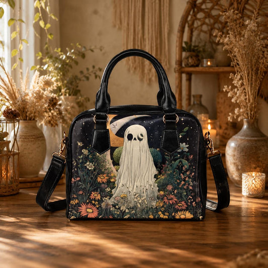 Ghost Handbag Floral Crossbody Purse, Spooky Cute Satchel Bag, Cottagecore Goth Gift