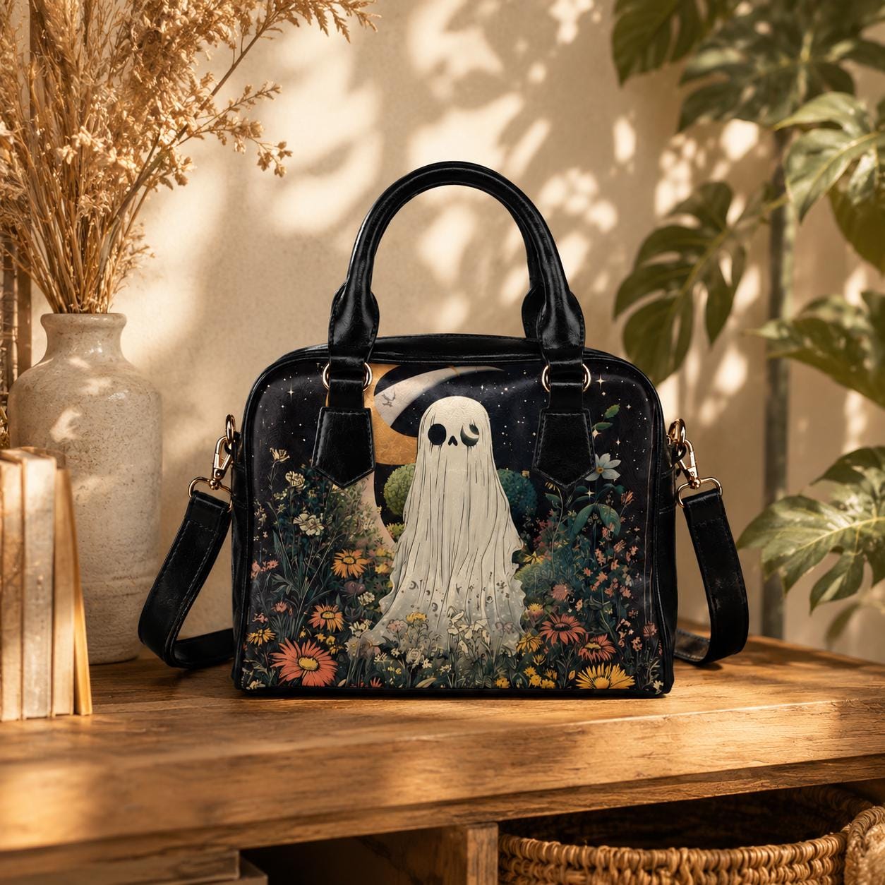Ghost Handbag Floral Crossbody Purse, Spooky Cute Satchel Bag, Cottagecore Goth Gift