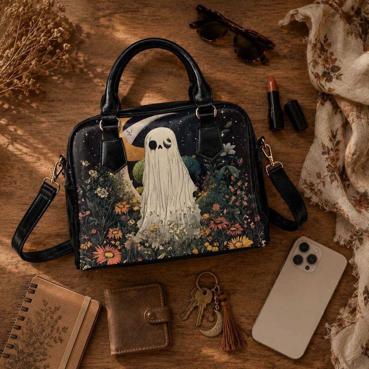 Ghost Handbag Floral Crossbody Purse, Spooky Cute Satchel Bag, Cottagecore Goth Gift