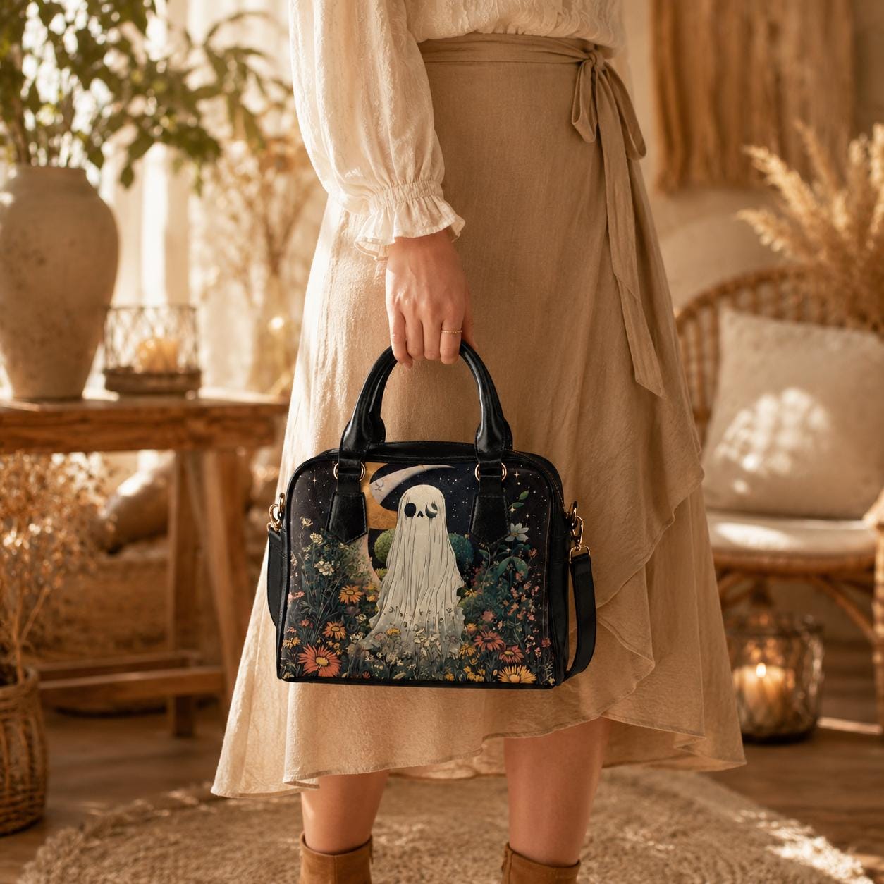 Ghost Handbag Floral Crossbody Purse, Spooky Cute Satchel Bag, Cottagecore Goth Gift