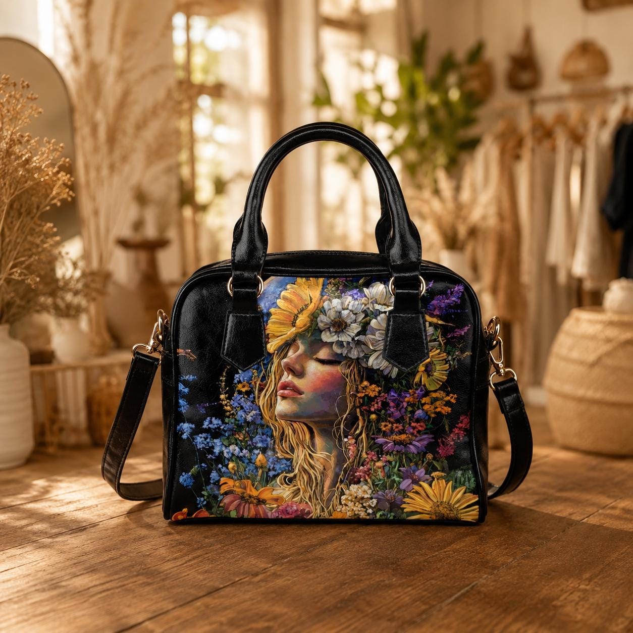 Boho Portrait Handbag, Wildflower Woman Satchel, Festival Statement Purse