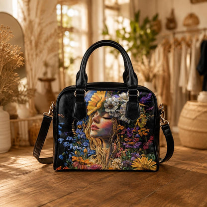 Boho Portrait Handbag, Wildflower Woman Satchel, Festival Statement Purse