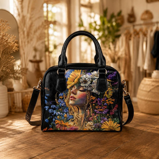 Boho Portrait Handbag, Wildflower Woman Satchel, Festival Statement Purse