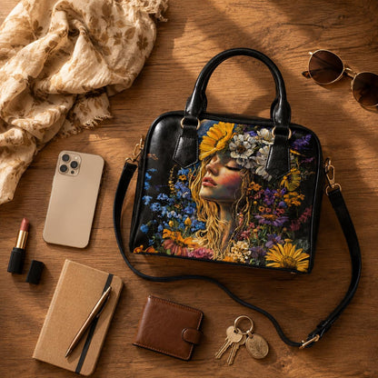 Boho Portrait Handbag, Wildflower Woman Satchel, Festival Statement Purse