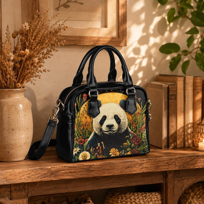 Panda handbag with floral print, top handle satchel purse, whimsical animal lover bag