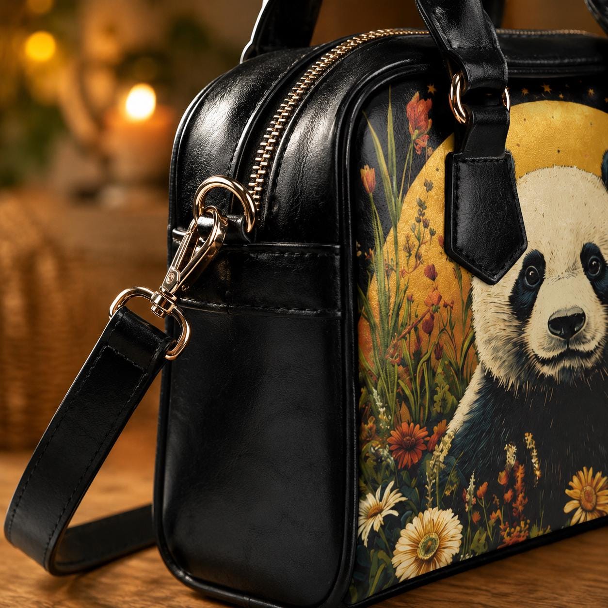 Panda handbag with floral print, top handle satchel purse, whimsical animal lover bag