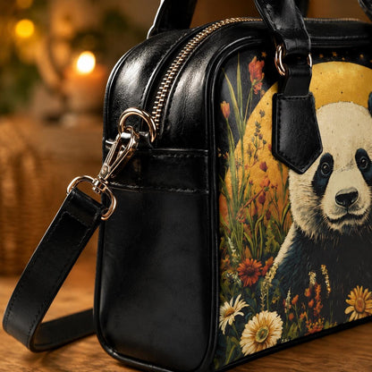 Panda handbag with floral print, top handle satchel purse, whimsical animal lover bag