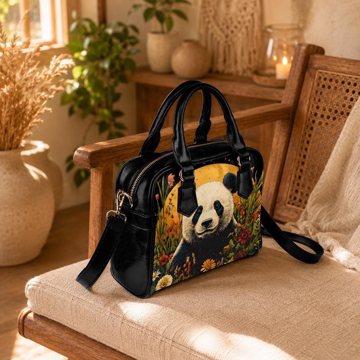 Panda handbag with floral print, top handle satchel purse, whimsical animal lover bag