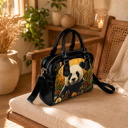Panda handbag with floral print, top handle satchel purse, whimsical animal lover bag