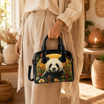Panda handbag with floral print, top handle satchel purse, whimsical animal lover bag
