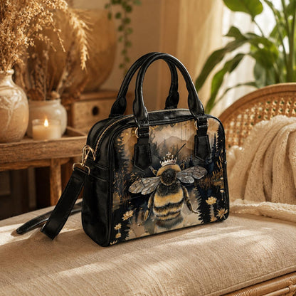 Queen Bee Satchel Purse, Floral Faux Leather Crossbody Bag, Wildflower Meadow Print