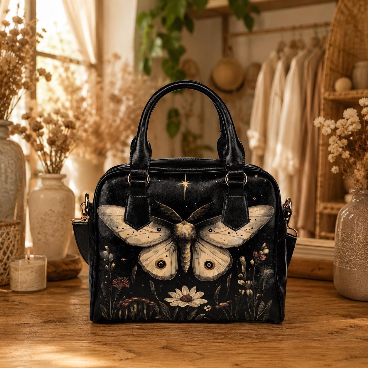 Moon Moth Satchel Bag, Dark Botanical Night Garden Crossbody, Vegan Faux Leather