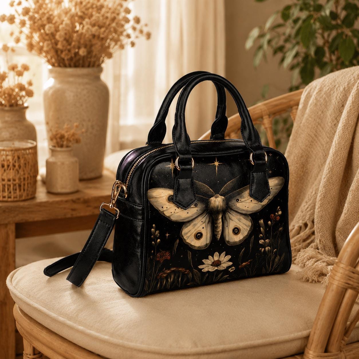 Moon Moth Satchel Bag, Dark Botanical Night Garden Crossbody, Vegan Faux Leather