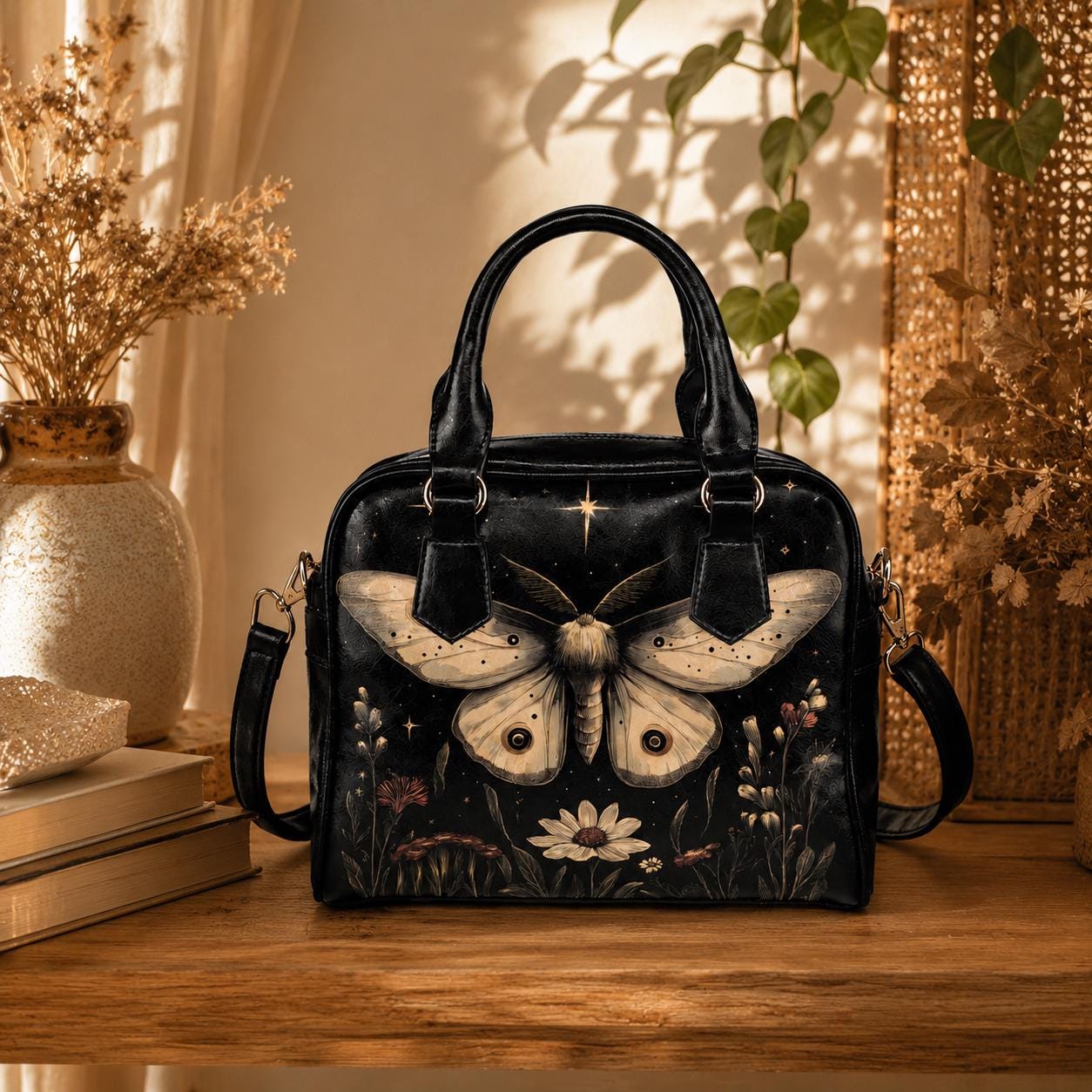 Moon Moth Satchel Bag, Dark Botanical Night Garden Crossbody, Vegan Faux Leather