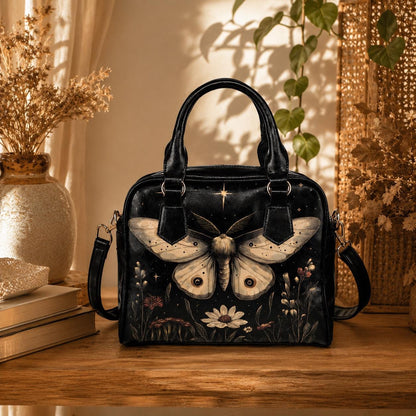 Moon Moth Satchel Bag, Dark Botanical Night Garden Crossbody, Vegan Faux Leather