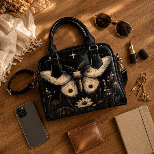 Moon Moth Satchel Bag, Dark Botanical Night Garden Crossbody, Vegan Faux Leather
