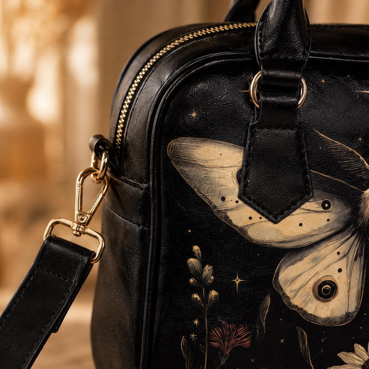 Moon Moth Satchel Bag, Dark Botanical Night Garden Crossbody, Vegan Faux Leather