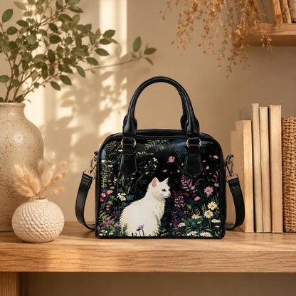 White Cat Satchel Bag, Floral Cottagecore Purse, Garden Handbag Gift for Cat Lover
