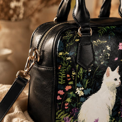 White Cat Satchel Bag, Floral Cottagecore Purse, Garden Handbag Gift for Cat Lover