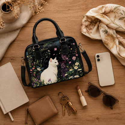 White Cat Satchel Bag, Floral Cottagecore Purse, Garden Handbag Gift for Cat Lover