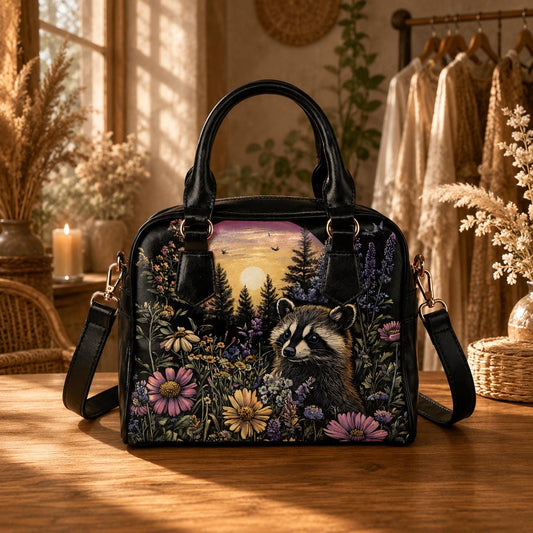 Raccoon Wildflower Handbag, Woodland Night Bowler Purse, Forest Animal Satchel