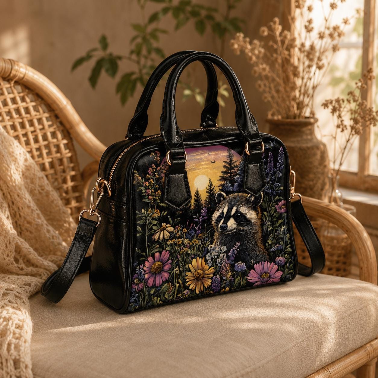Raccoon Wildflower Handbag, Woodland Night Bowler Purse, Forest Animal Satchel