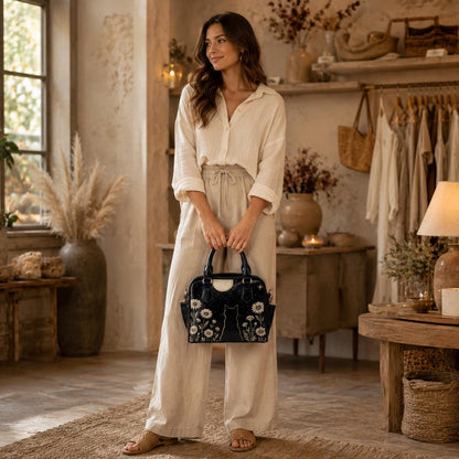 Black Cat Moon Handbag, Celestial Daisy Night Garden Satchel