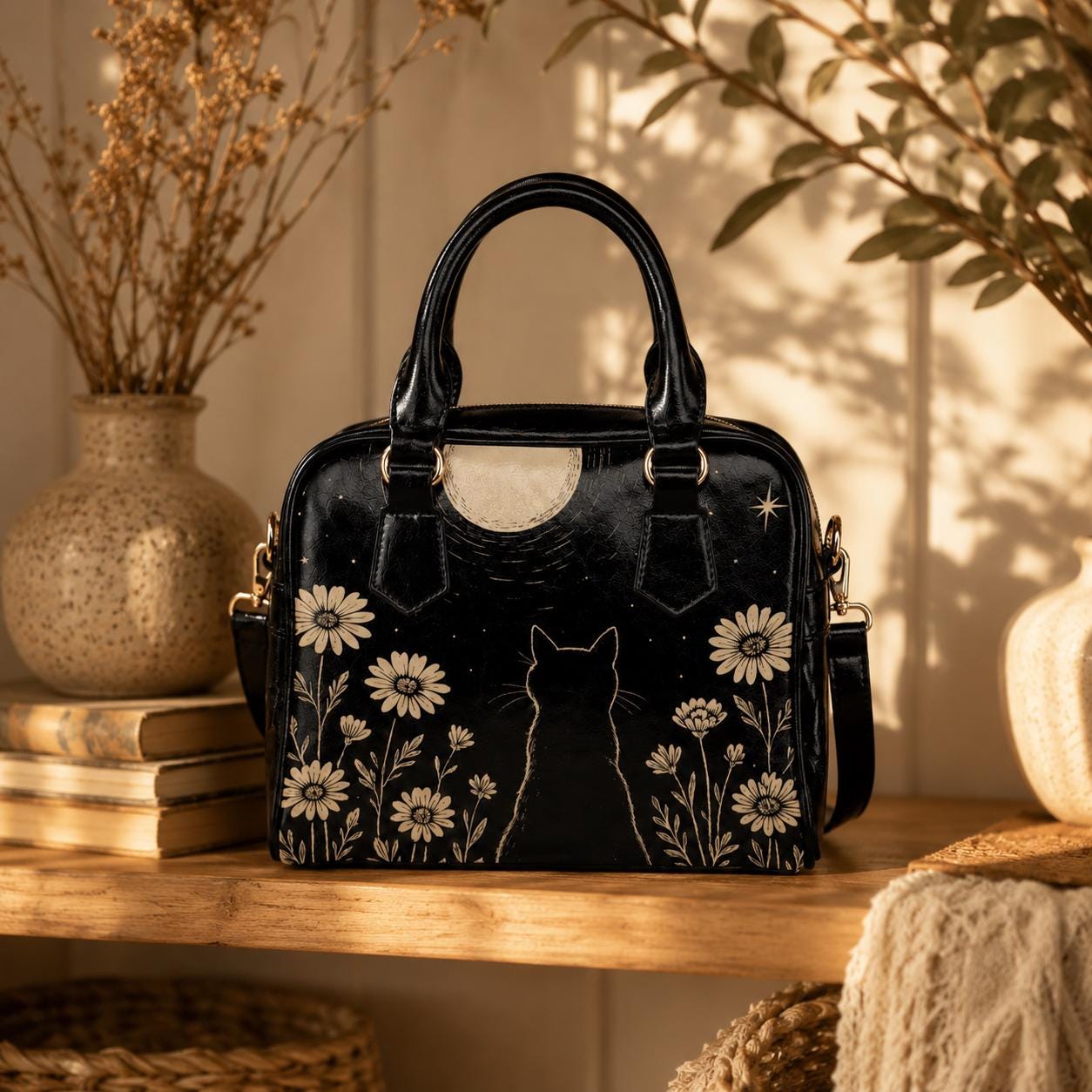 Black Cat Moon Handbag, Celestial Daisy Night Garden Satchel