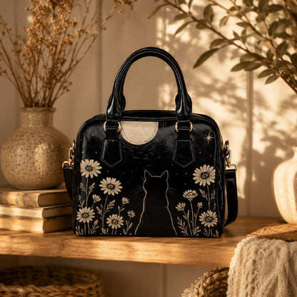 Black Cat Moon Handbag, Celestial Daisy Night Garden Satchel