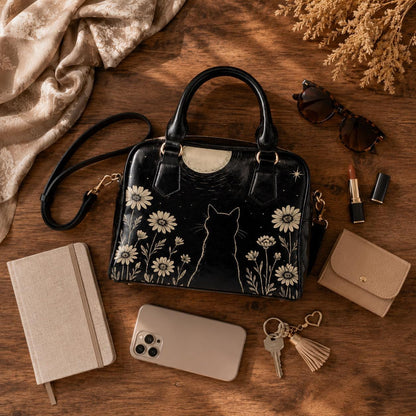 Black Cat Moon Handbag, Celestial Daisy Night Garden Satchel
