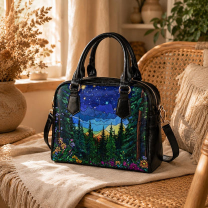 Starry forest satchel purse, mountain night handbag, outdoor crossbody