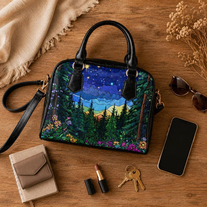 Starry forest satchel purse, mountain night handbag, outdoor crossbody