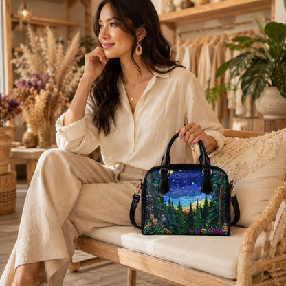 Starry forest satchel purse, mountain night handbag, outdoor crossbody