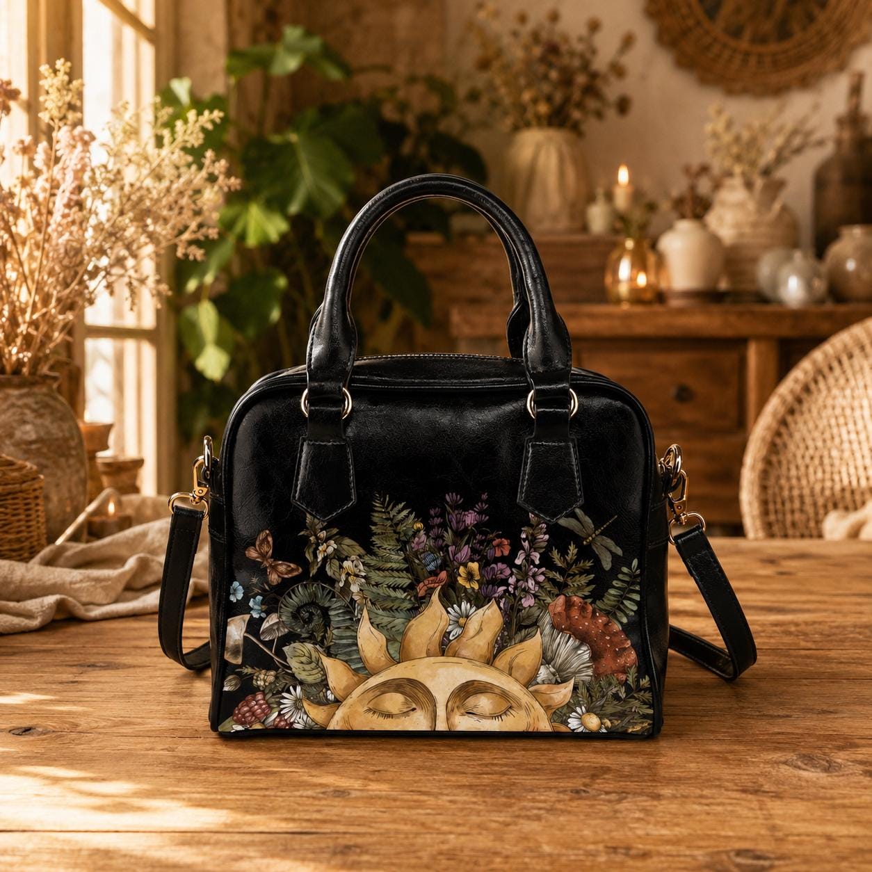 Satchel Purse, Woodland Sun Floral Handbag, Cottagecore Top Handle Bag