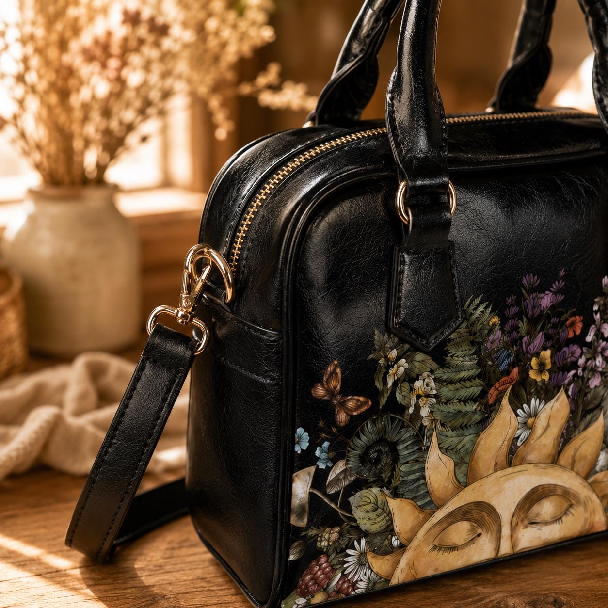 Satchel Purse, Woodland Sun Floral Handbag, Cottagecore Top Handle Bag