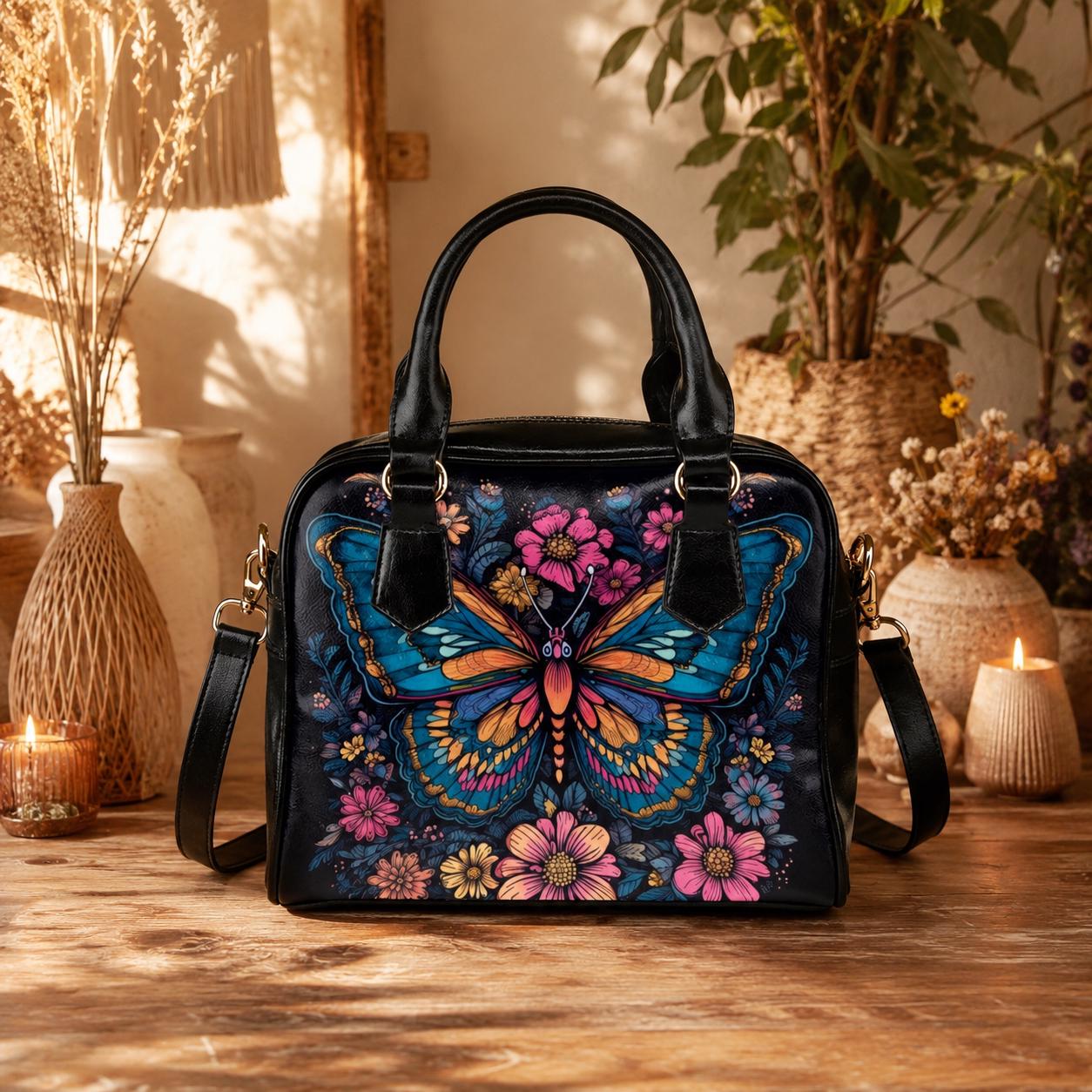 Butterfly Handbag, Colorful Floral Purse, Art Nouveau Statement Satchel