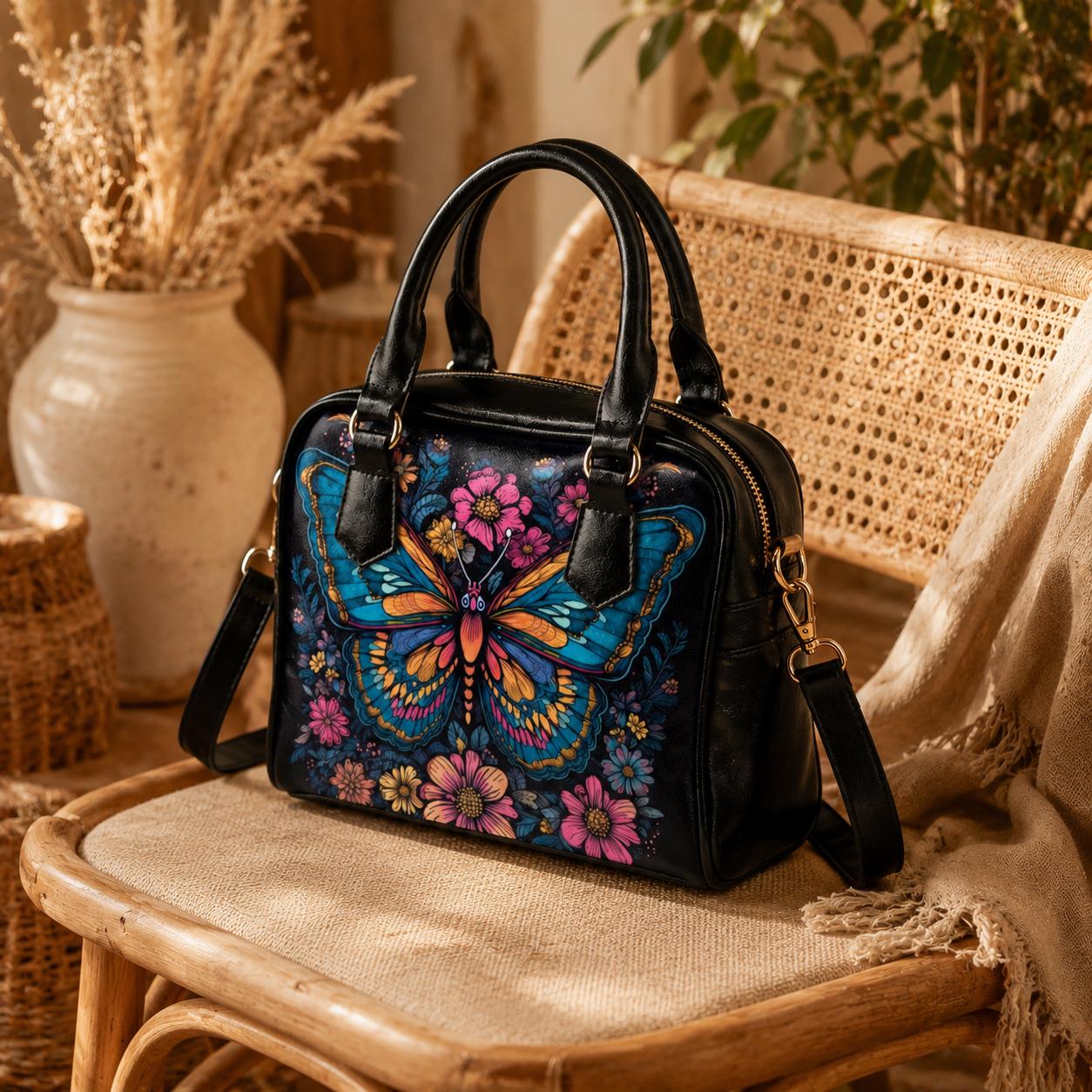 Butterfly Handbag, Colorful Floral Purse, Art Nouveau Statement Satchel