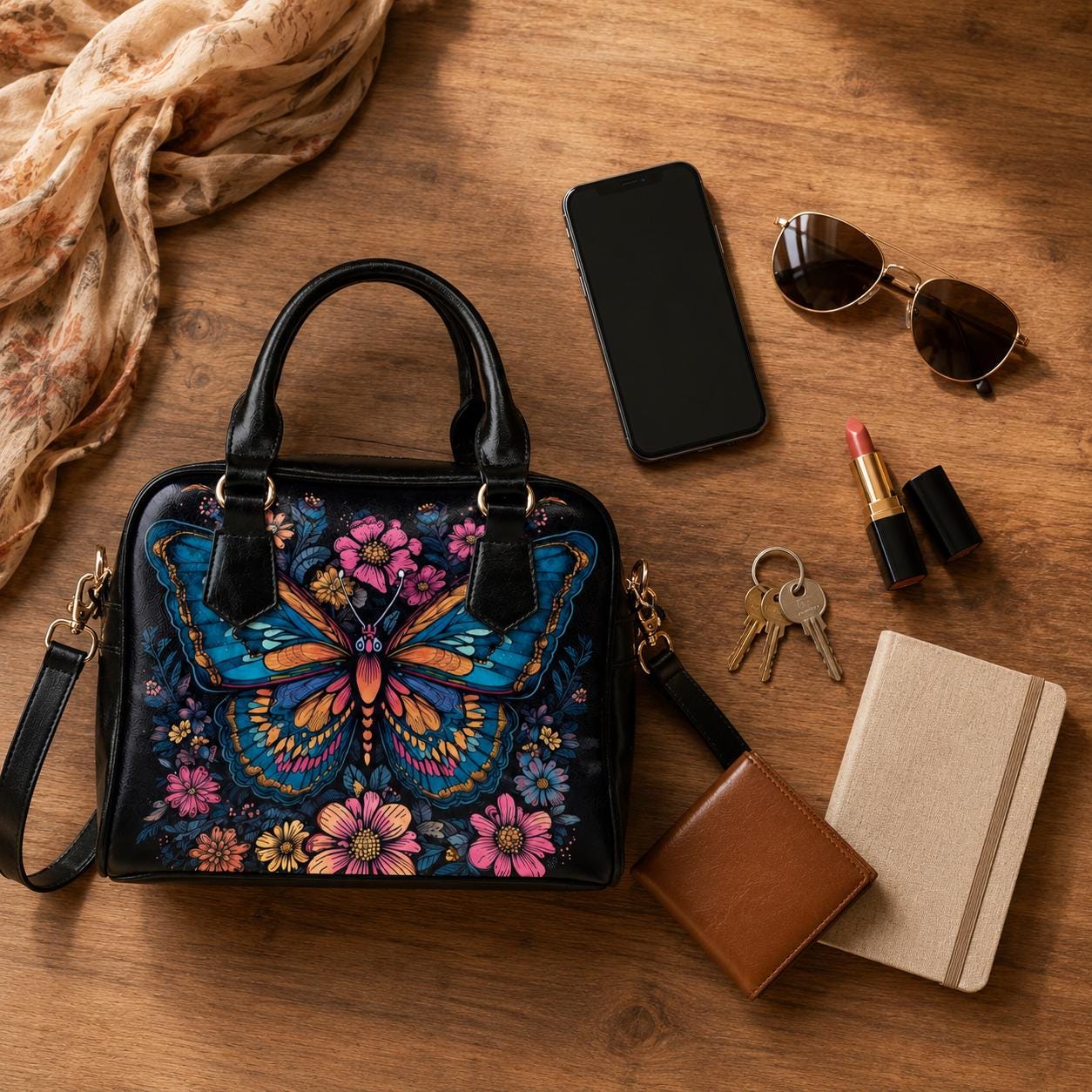 Butterfly Handbag, Colorful Floral Purse, Art Nouveau Statement Satchel