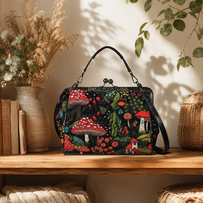 Enchanted mushroom print handbag, fairy forest clasp purse, woodland cottage shoulder bag