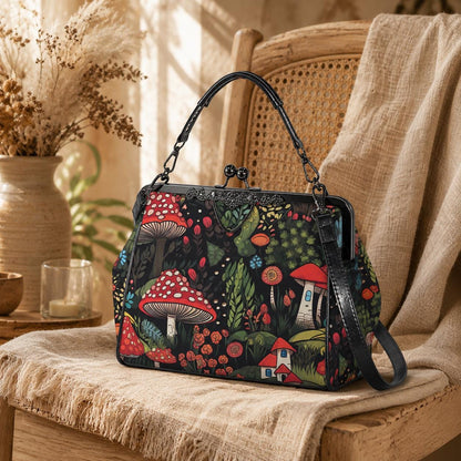 Enchanted mushroom print handbag, fairy forest clasp purse, woodland cottage shoulder bag