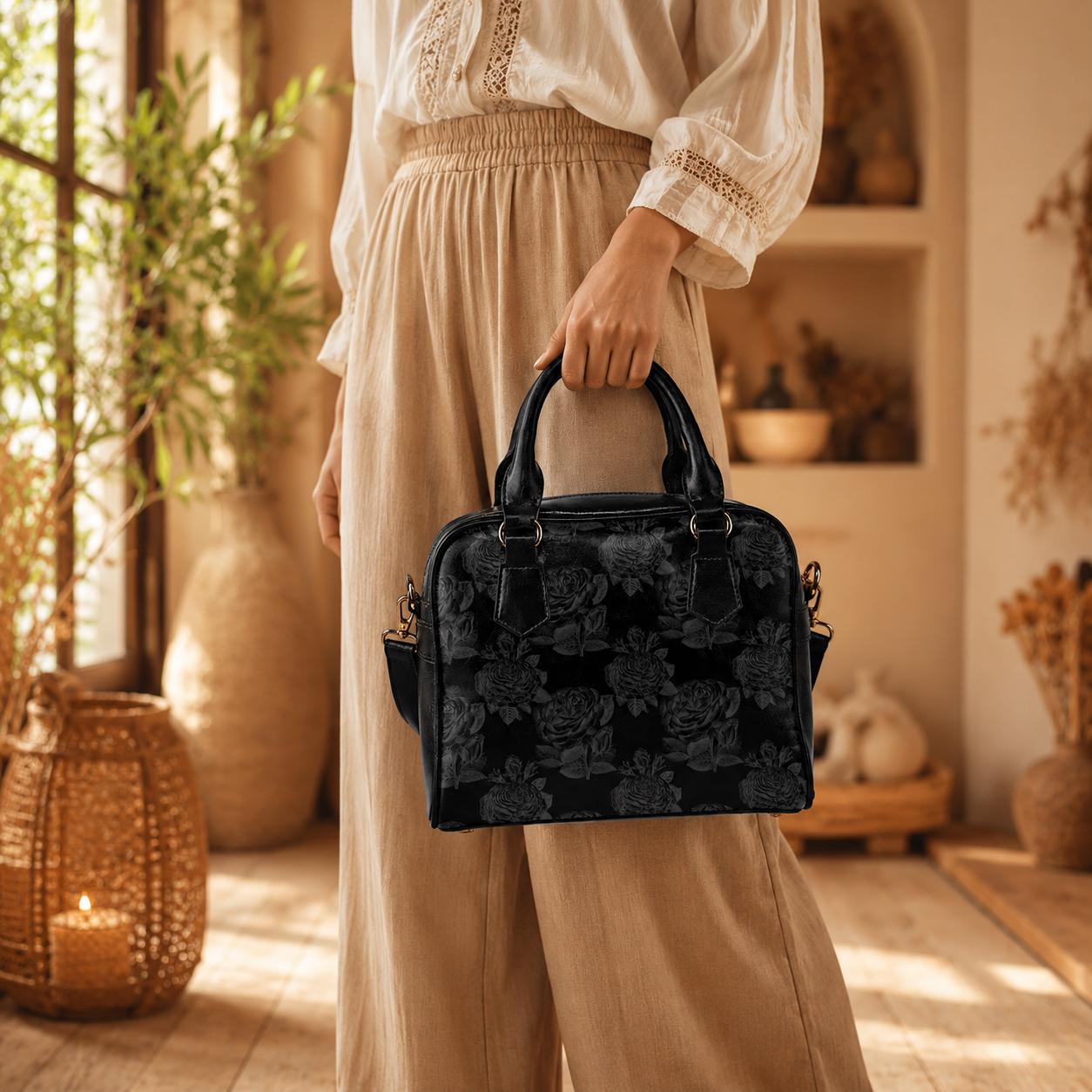 Black Rose Satchel, Dark Floral Purse, Gothic Romantic Handbag