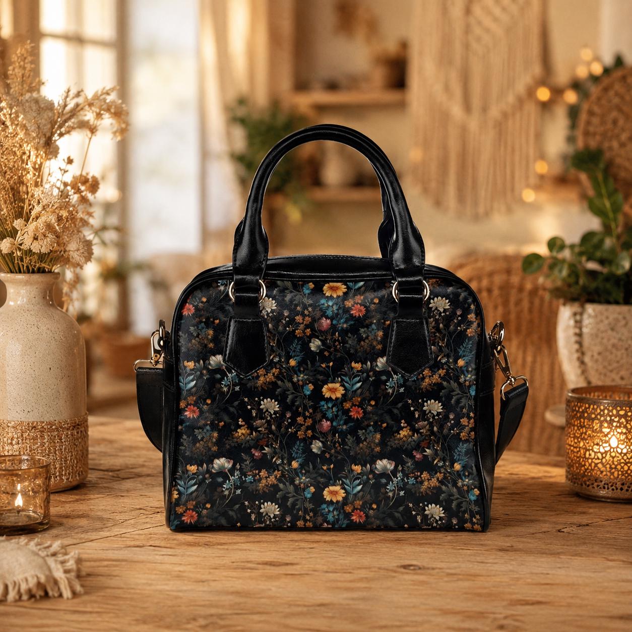 Dark Floral Satchel, Witchy Botanical Handbag, Cottagecore Purse